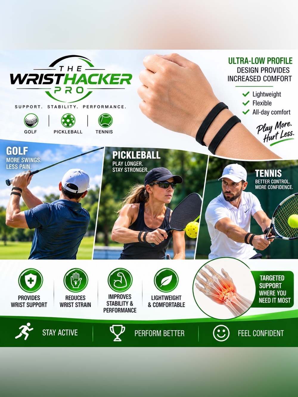 WristHacker Pro Wrist Support Strap for Golf, Pickleball, & Tennis